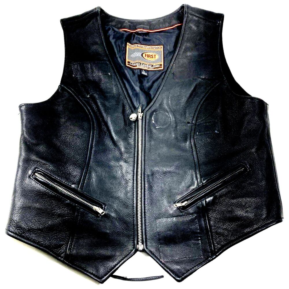 First Classics Leather Vest Motorcycle Biker Lined Zip L Womens Punk Goth *READ*
